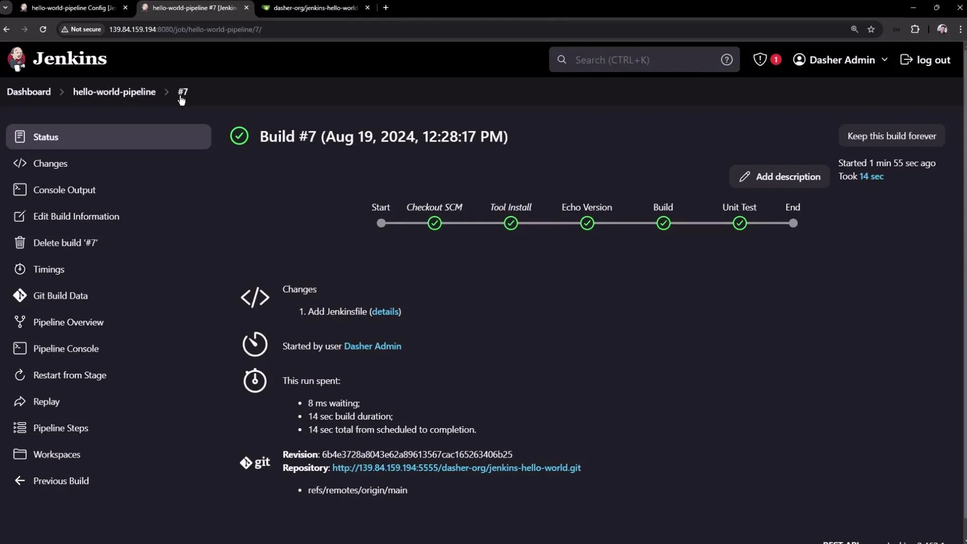 The image shows a Jenkins build pipeline interface for "hello-world-pipeline," displaying the successful completion of build #7 with various stages like "Checkout SCM," "Tool Install," and "Unit Test." It includes details about changes, build duration, and repository information.