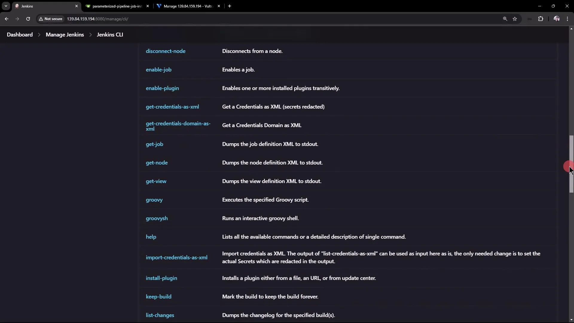 The image shows a Jenkins CLI management interface with a list of commands and their descriptions. The interface includes options like "disconnect-node," "enable-job," and "get-credentials-as-xml."