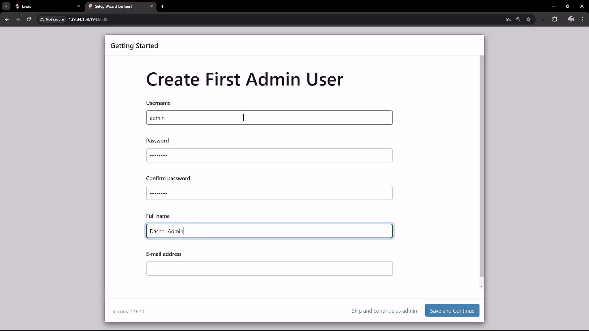 The image shows a web page for creating the first admin user in Jenkins, with fields for username, password, full name, and email address. There are options to save and continue or skip and continue as admin.