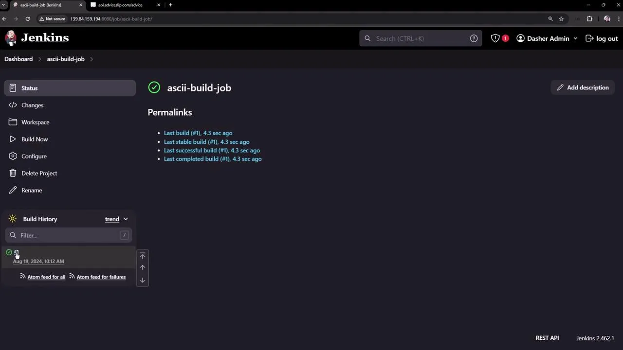 The image shows a Jenkins dashboard for a job named "ascii-build-job," displaying build status and history. It includes details about the last build, stable build, successful build, and completed build, all occurring 4.3 seconds ago.