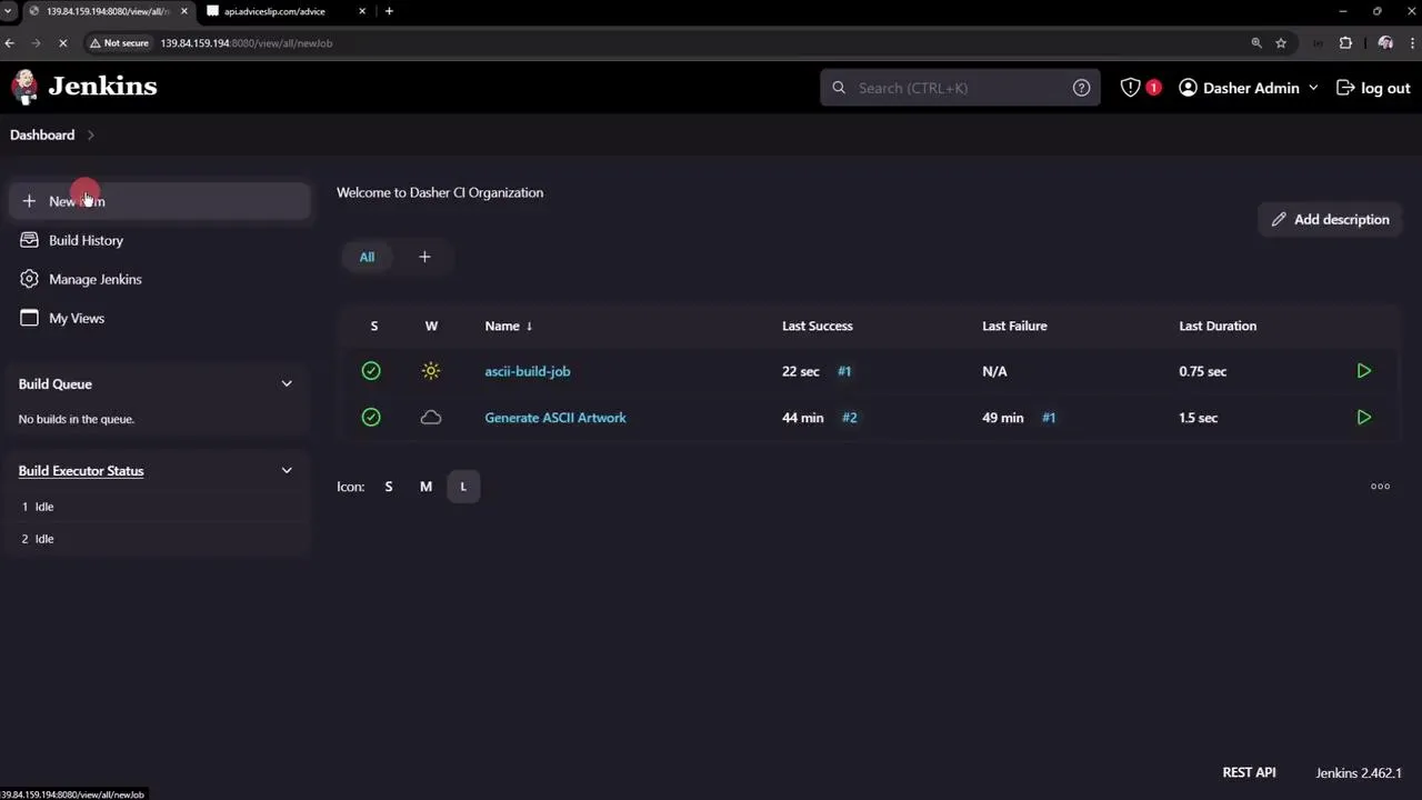 The image shows a Jenkins dashboard with a list of build jobs, including their status, last success, last failure, and duration. The interface includes options for creating new items, viewing build history, and managing Jenkins.