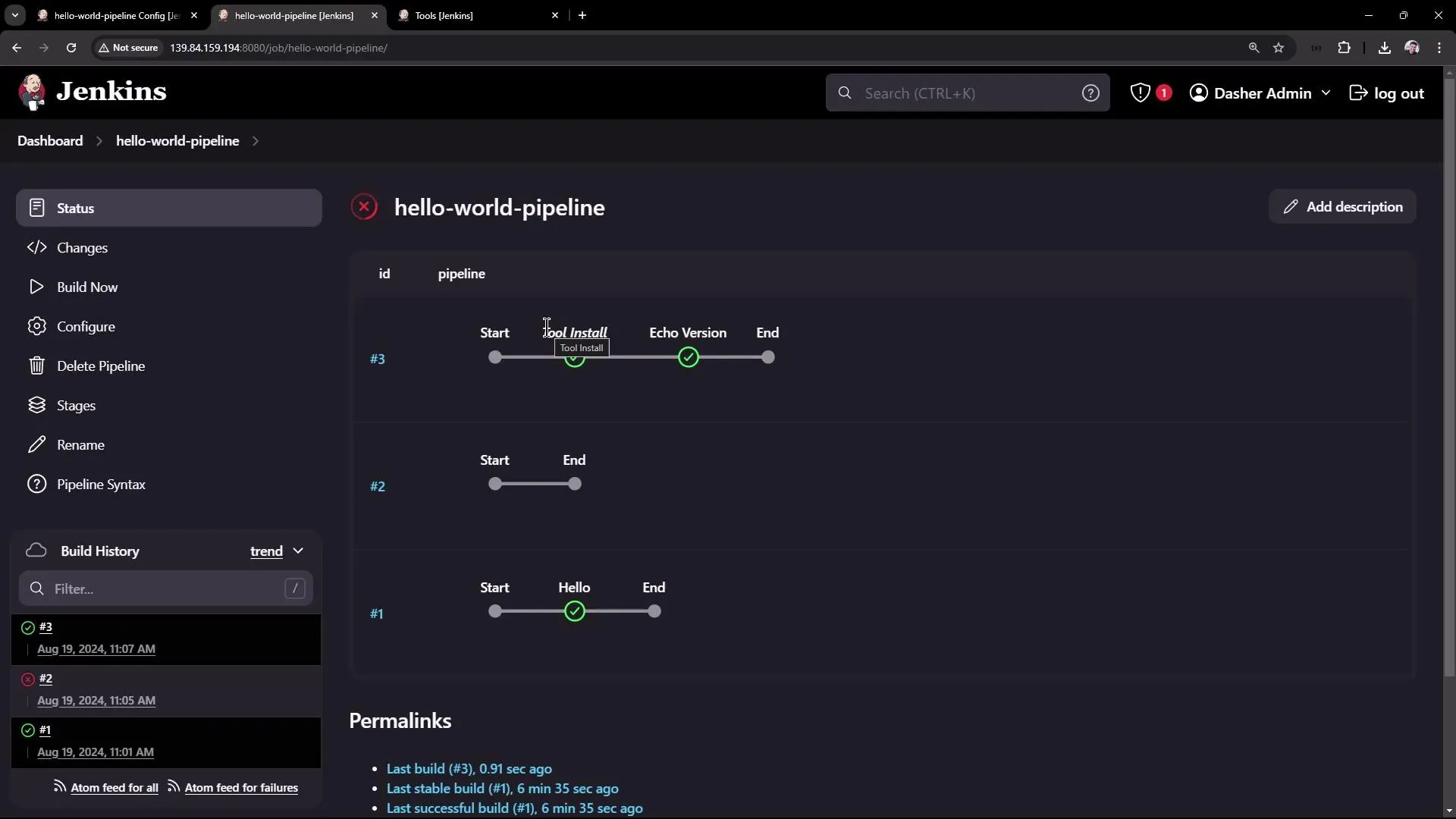 The image shows a Jenkins dashboard displaying the status of a "hello-world-pipeline" with a visual representation of pipeline stages and build history.
