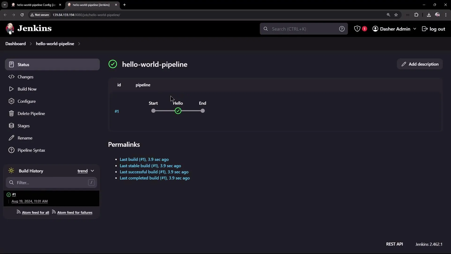 The image shows a Jenkins dashboard for a "hello-world-pipeline" with build status and history details. It includes options for configuring and managing the pipeline.
