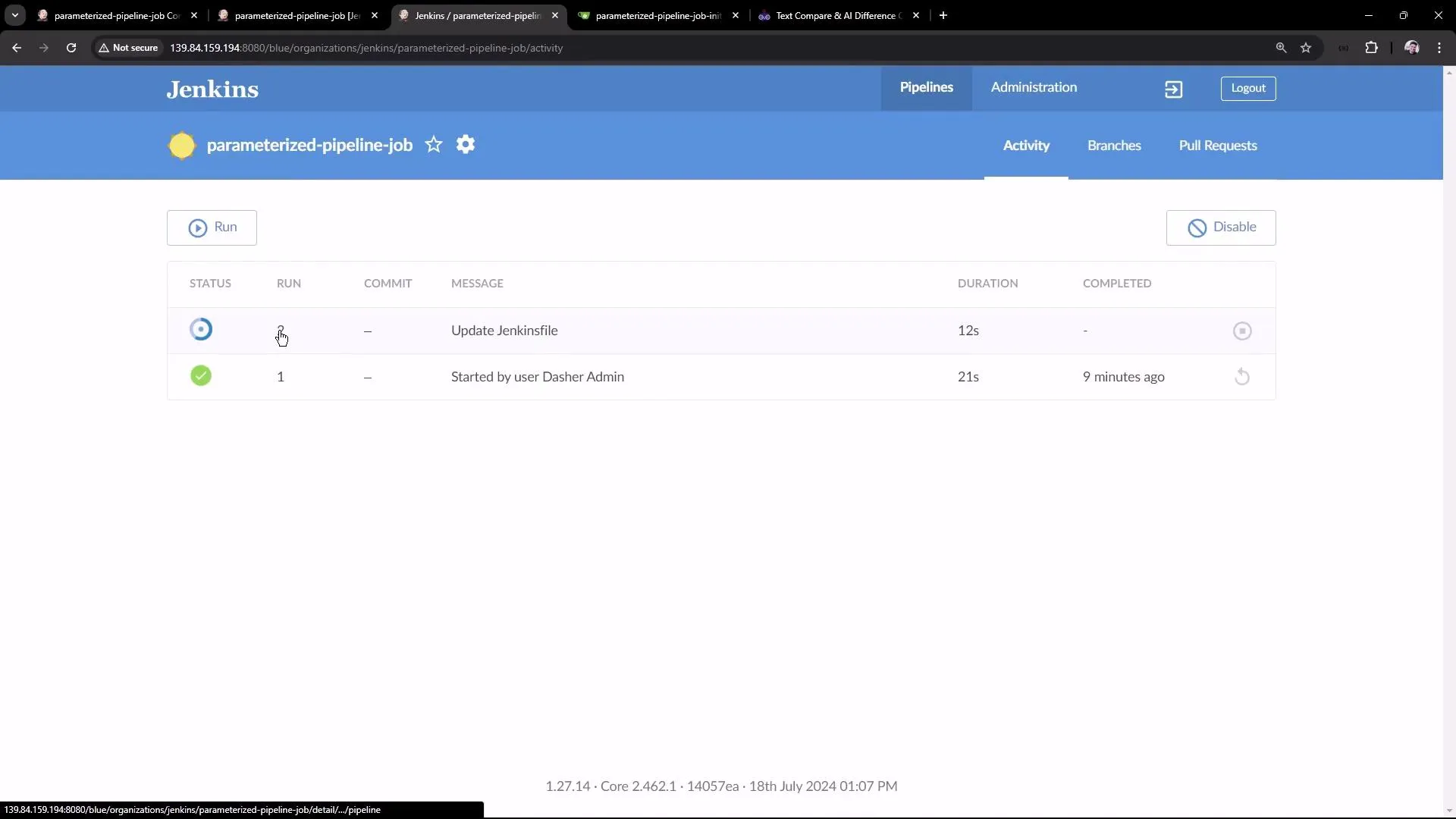 The image shows a Jenkins dashboard displaying the activity of a parameterized pipeline job, with details about recent runs, their status, duration, and completion time.