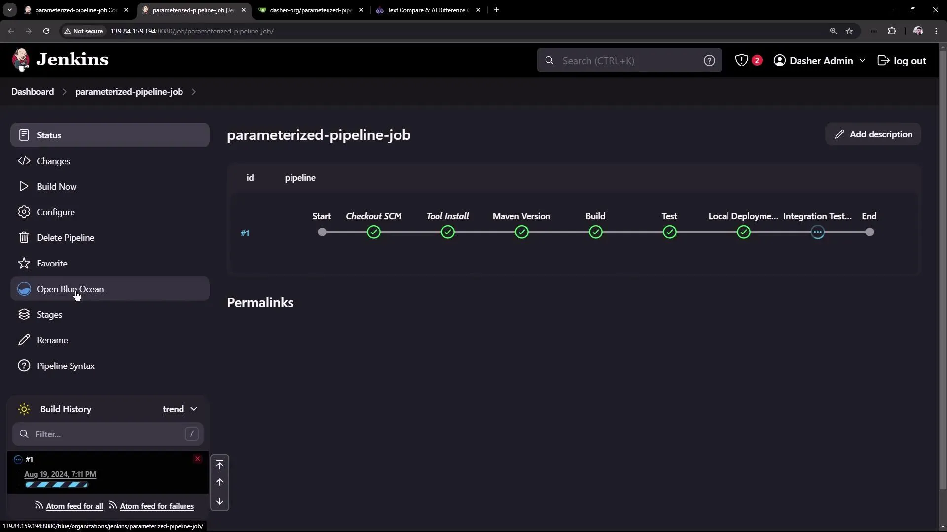 The image shows a Jenkins dashboard displaying a parameterized pipeline job with various stages, including "Checkout SCM," "Tool Install," "Maven Version," "Build," "Test," "Local Deployment," and "Integration Test." The stages are marked with checkmarks indicating completion.