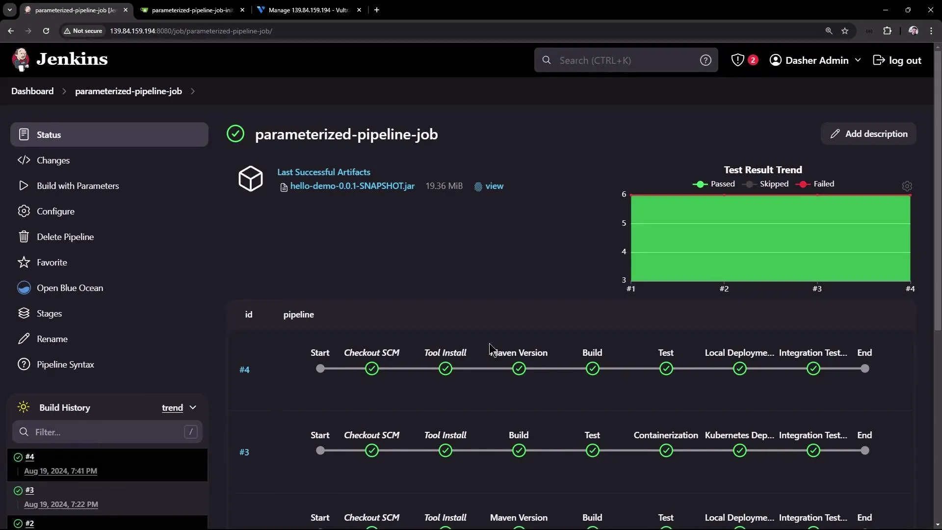 The image shows a Jenkins dashboard displaying the status of a parameterized pipeline job, with a test result trend graph and a detailed pipeline execution timeline.
