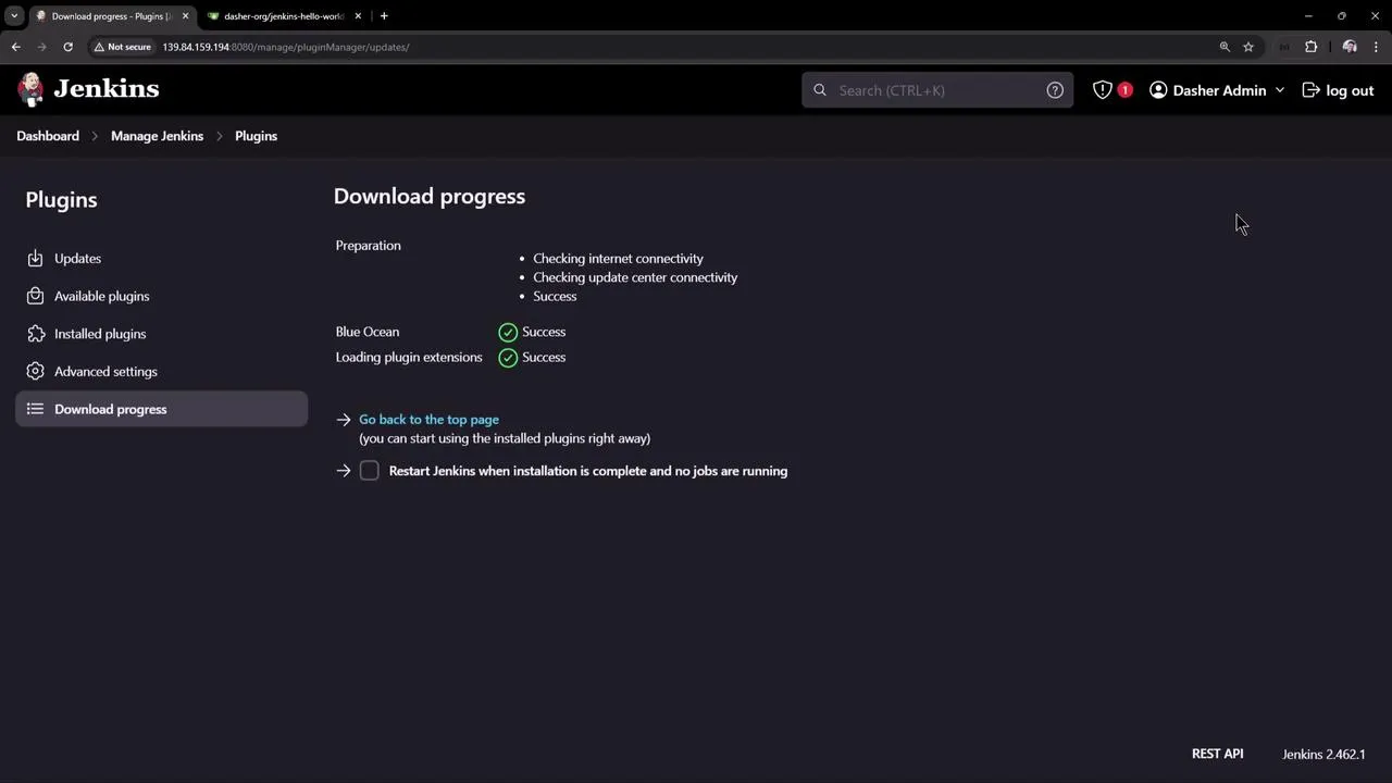 The image shows a Jenkins dashboard displaying the download progress of plugins, with successful connectivity checks and plugin installations.