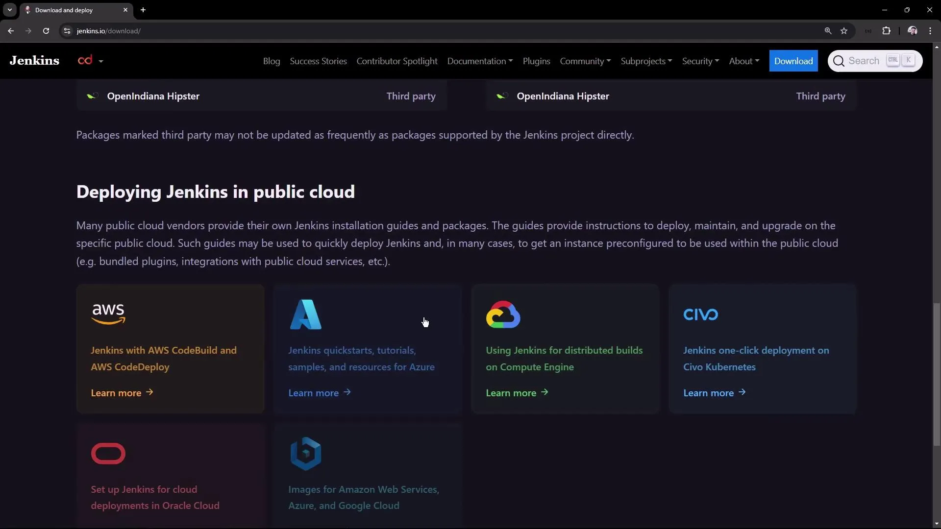 The image shows a webpage from Jenkins.io, detailing options for deploying Jenkins in public cloud environments like AWS, Azure, Google Cloud, Oracle Cloud, and Civo Kubernetes. It includes links to guides and resources for each platform.