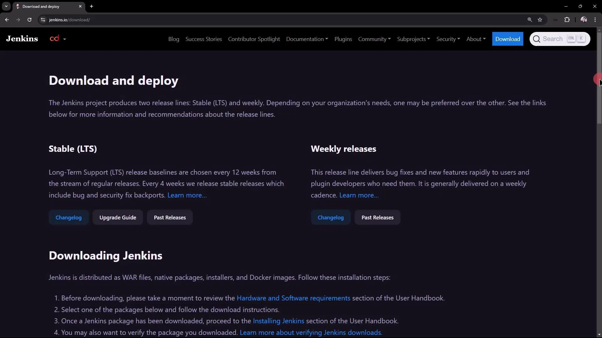The image shows a webpage from the Jenkins website, detailing download and deployment options for Jenkins, including Stable (LTS) and Weekly releases, along with instructions for downloading Jenkins.