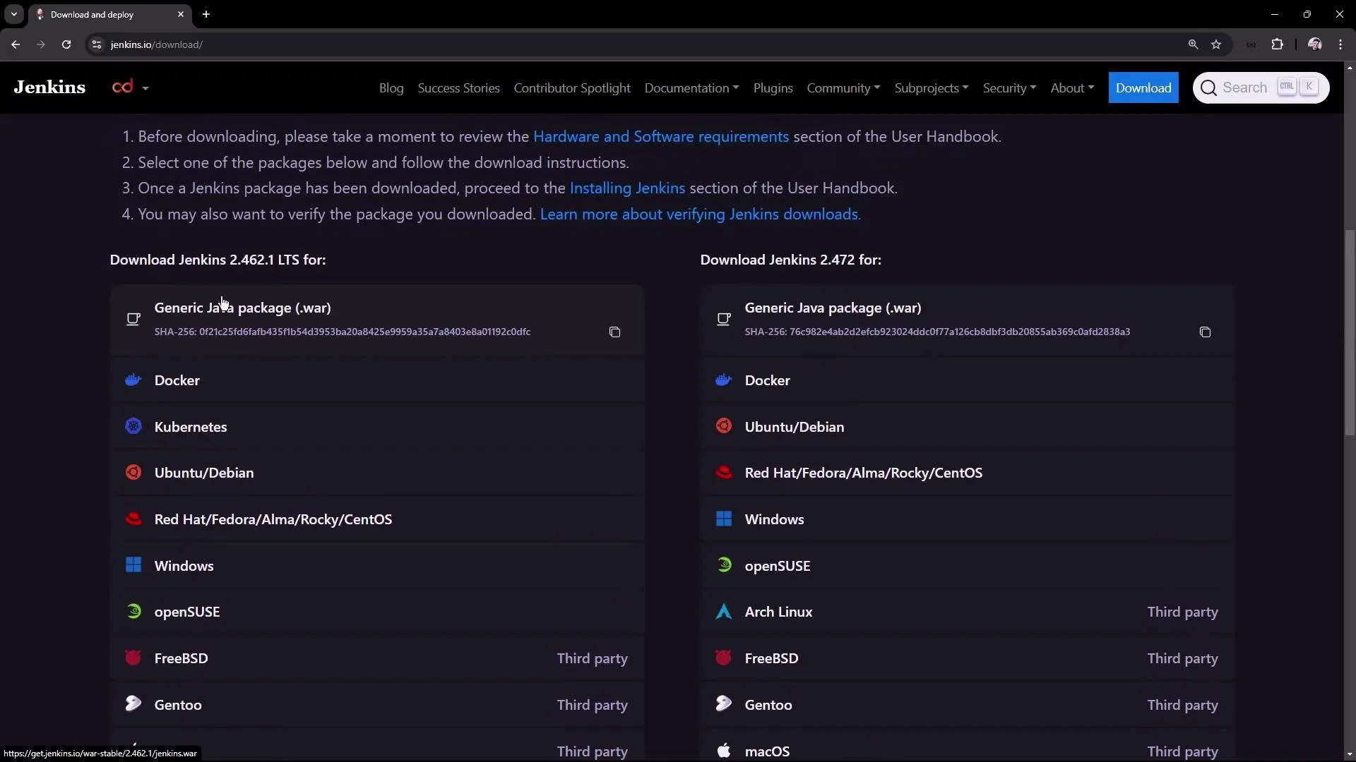 The image shows a webpage from Jenkins' download section, offering various package options for downloading Jenkins 2.462.1 LTS and 2.472 for different platforms like Docker, Kubernetes, and Windows.