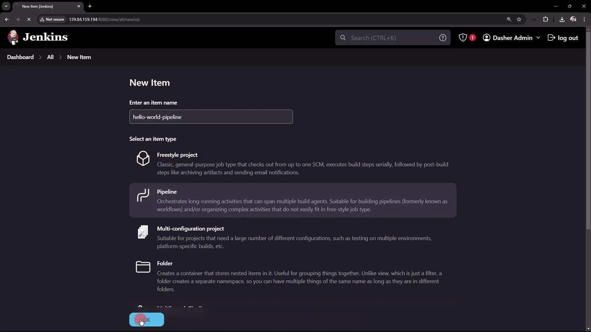 The image shows a Jenkins interface where a new item is being created, with the name "hello-world-pipeline" and the "Pipeline" item type selected. Various project types like Freestyle, Multi-configuration, and Folder are also listed.