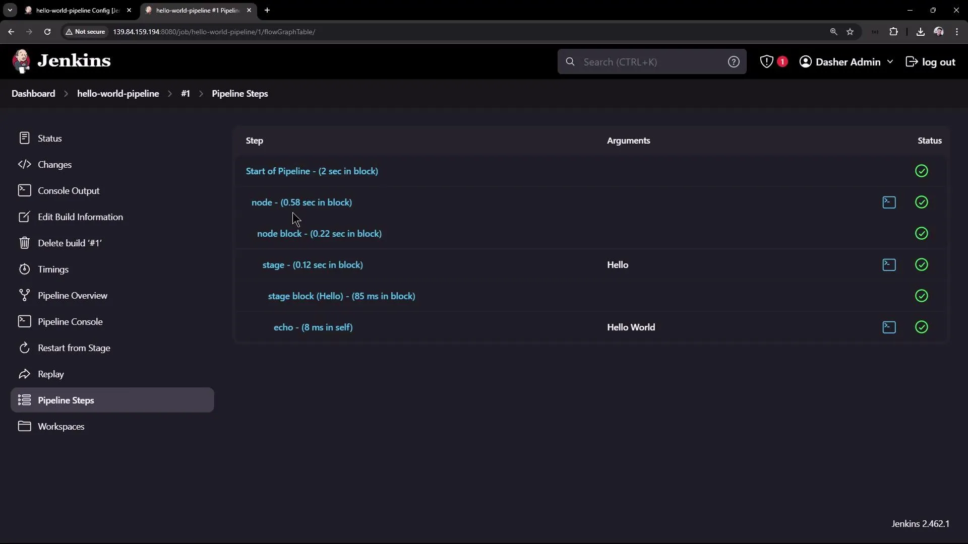 The image shows a Jenkins pipeline interface displaying the steps of a "hello-world-pipeline" with their execution times and statuses. Each step, such as "node" and "stage," is marked as successful.