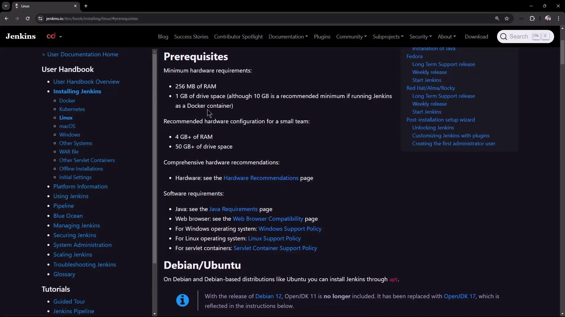 The image shows a webpage from the Jenkins documentation, detailing prerequisites for installing Jenkins on Linux, including hardware and software requirements.