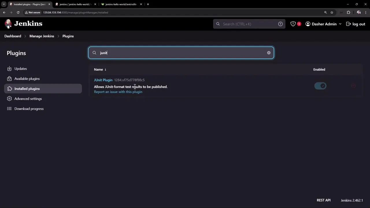 The image shows a Jenkins interface with the "Installed plugins" section open, displaying the JUnit Plugin, which is enabled.