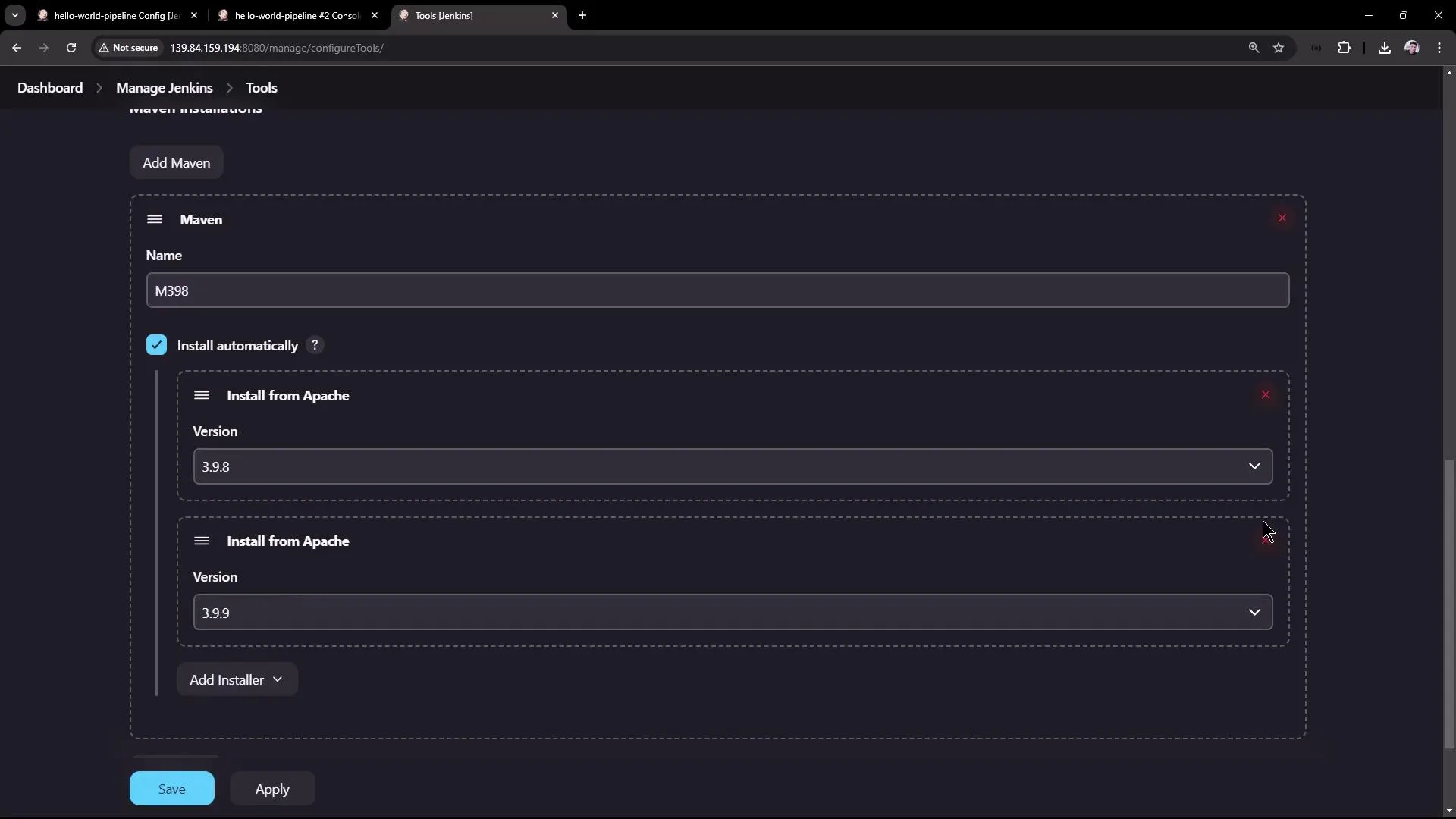 The image shows a Jenkins configuration page for managing Maven installations, with options to install specific versions automatically.