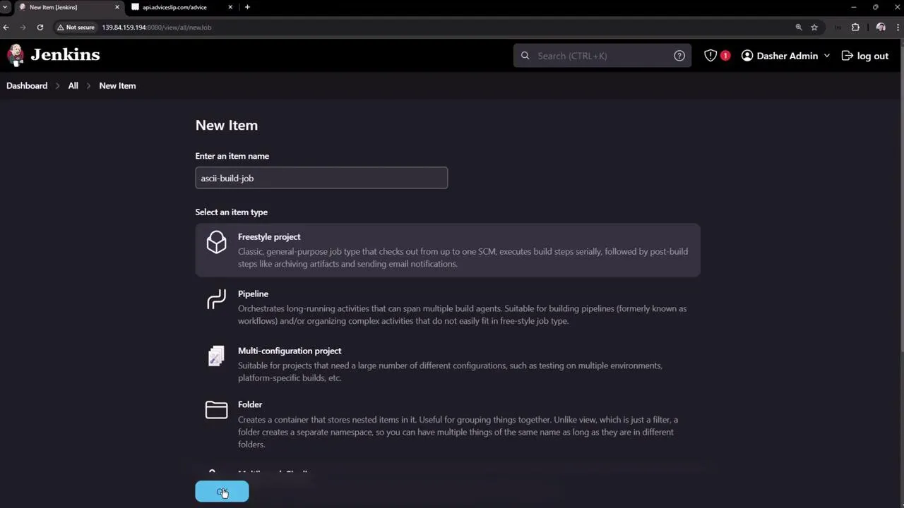 Jenkins New Item Interface