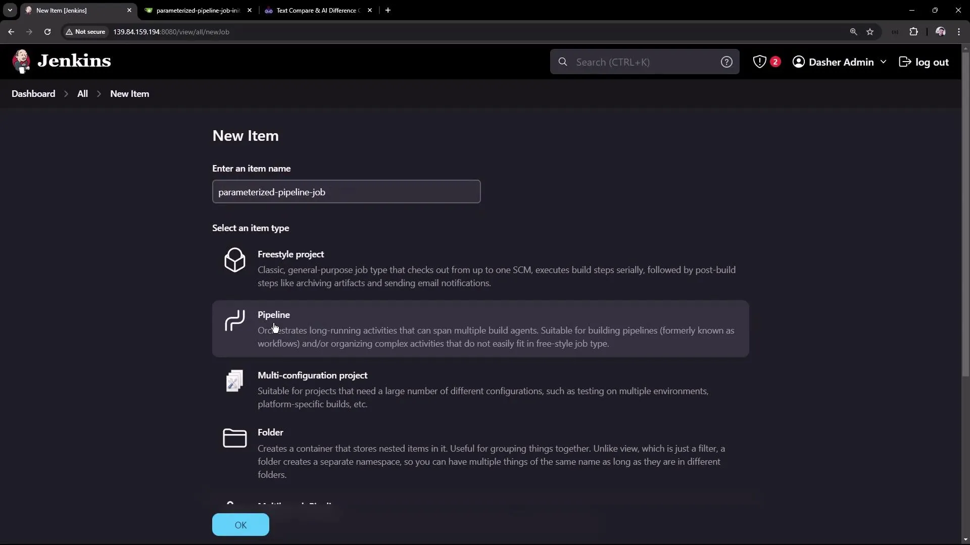 The image shows a Jenkins interface for creating a new item, with options to select different project types such as Freestyle project, Pipeline, Multi-configuration project, and Folder. The item name "parameterized-pipeline-job" is entered in the text field.