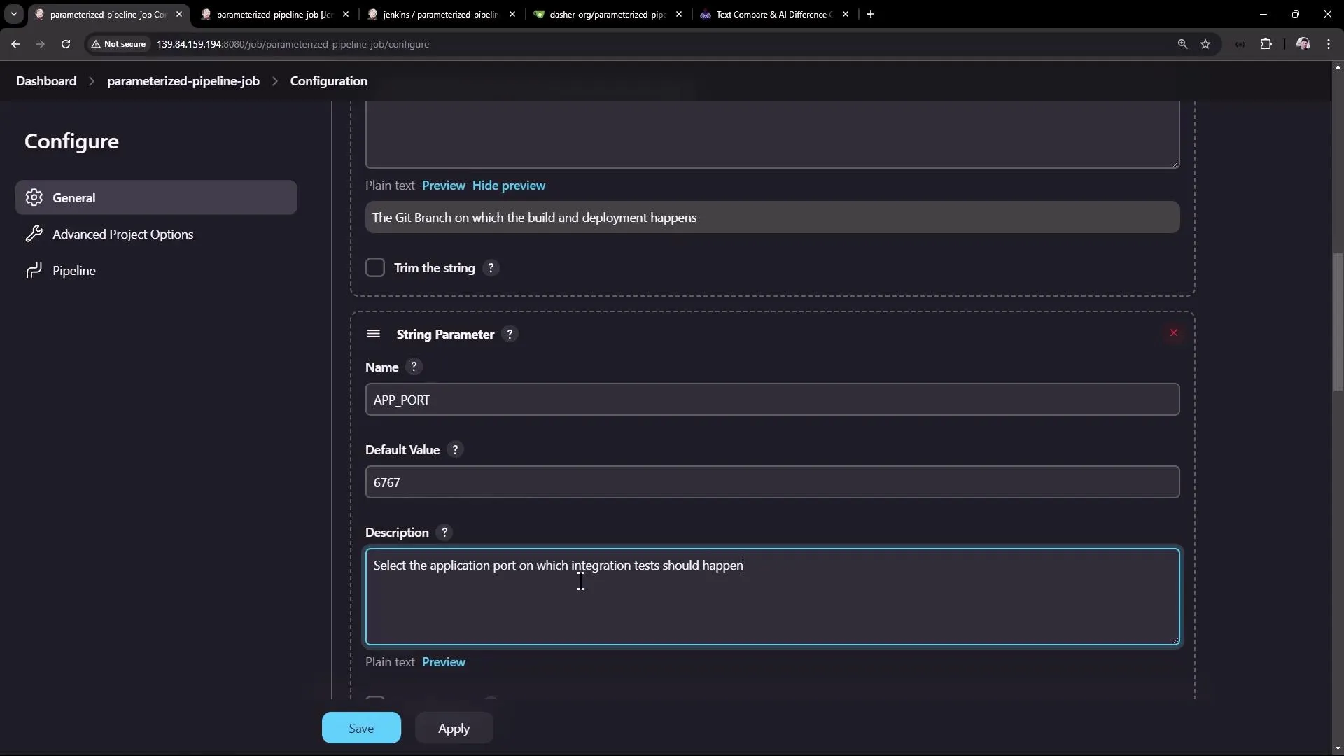 The image shows a Jenkins configuration screen for a parameterized pipeline job, with a string parameter named "APP_PORT" set to a default value of 6767.