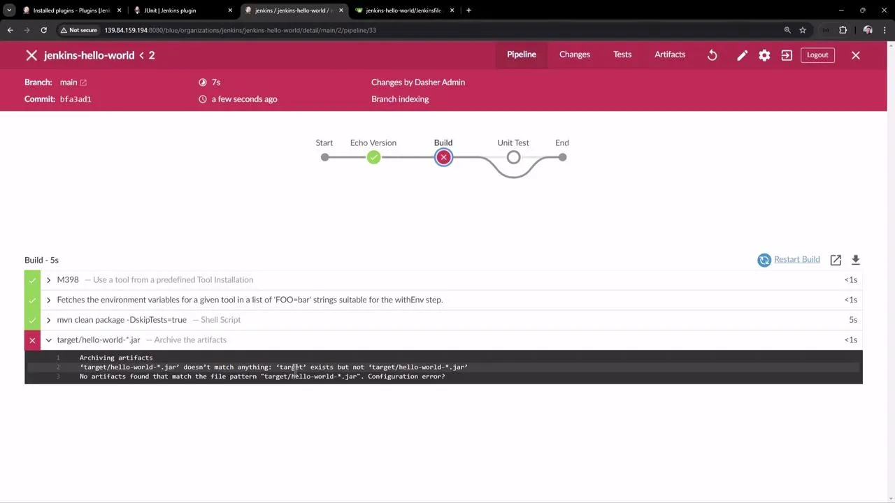 The image shows a Jenkins pipeline interface with a build process. The build step failed due to a configuration error related to archiving artifacts.