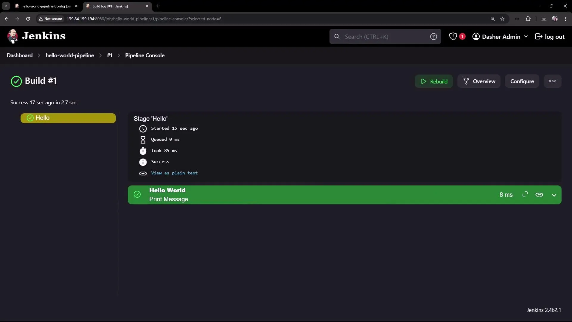 The image shows a Jenkins pipeline console with a successful build labeled "Build #1" for a "hello-world-pipeline." The stage "Hello" completed successfully, displaying a "Hello World" message.