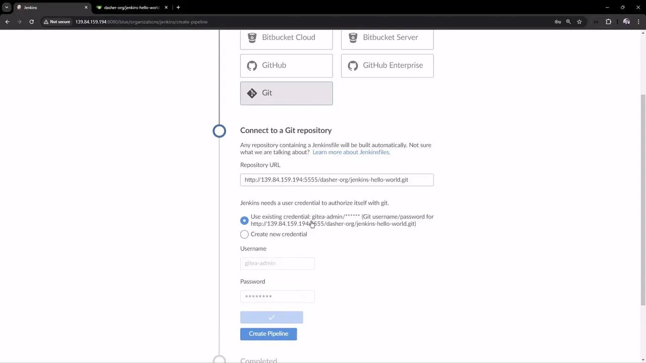 The image shows a Jenkins interface for creating a pipeline, where a user is connecting to a Git repository by entering a repository URL and selecting user credentials.