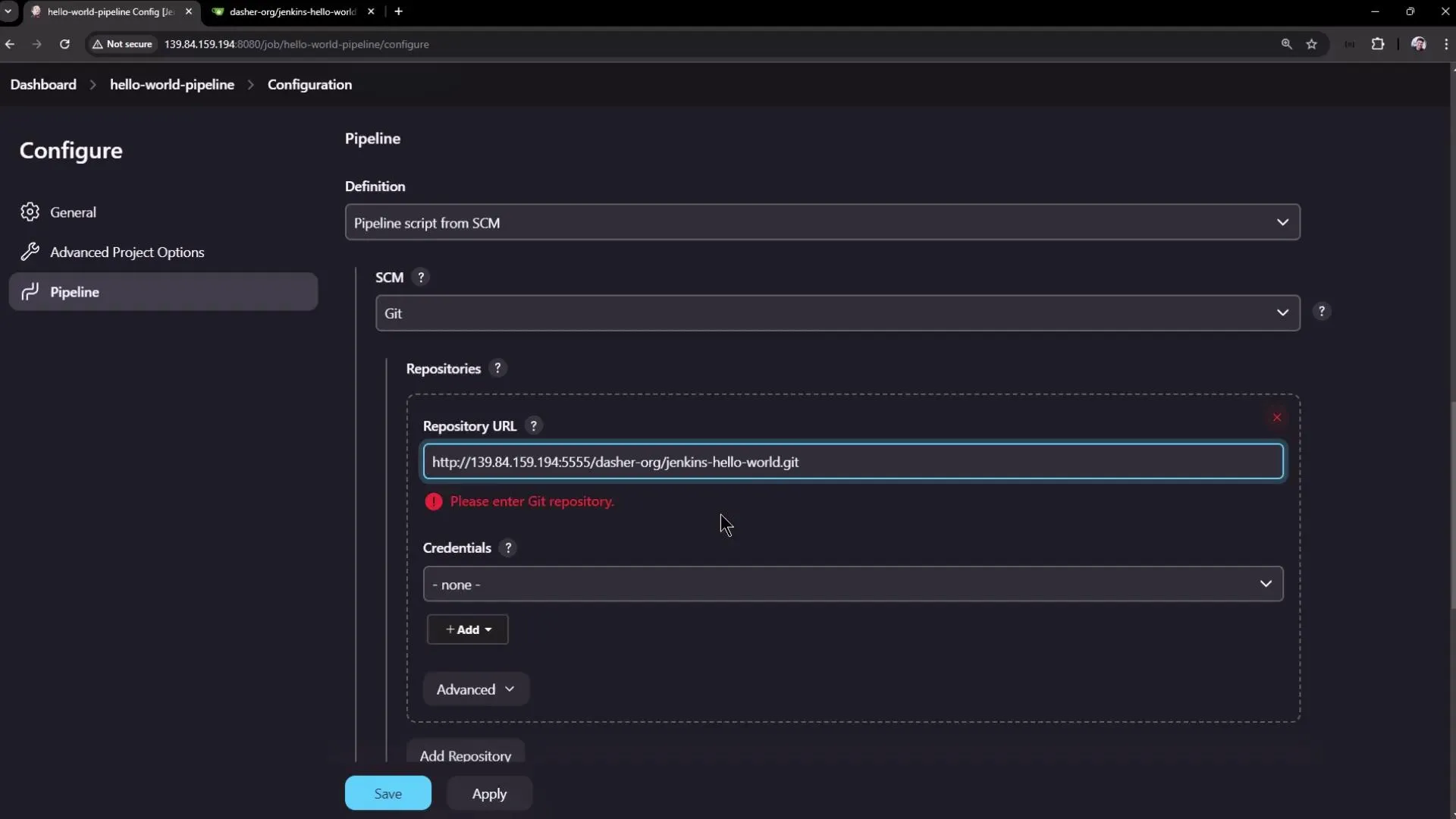 The image shows a Jenkins configuration screen for a pipeline project, where a Git repository URL is being entered, but there's an error message indicating that a valid Git repository is required.