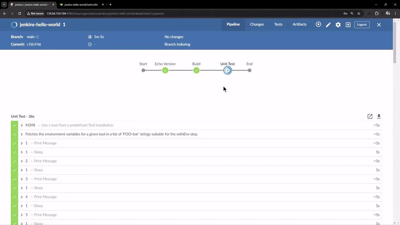 The image shows a Jenkins pipeline interface with a progress bar indicating stages from "Start" to "End," currently at the "Unit Test" stage. Below, there are details of unit tests being executed, with each step marked as completed.