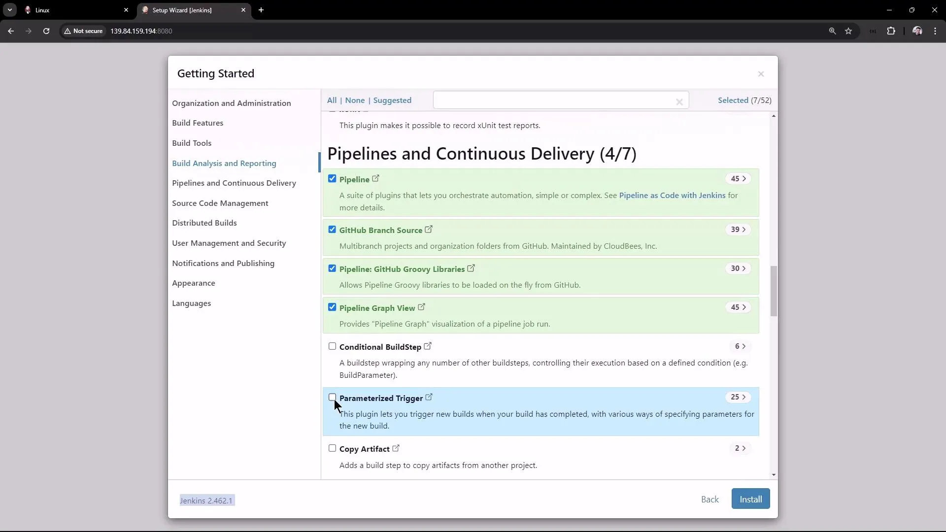 The image shows a Jenkins setup wizard interface, specifically the "Pipelines and Continuous Delivery" section, where various plugins related to pipelines are listed for selection.