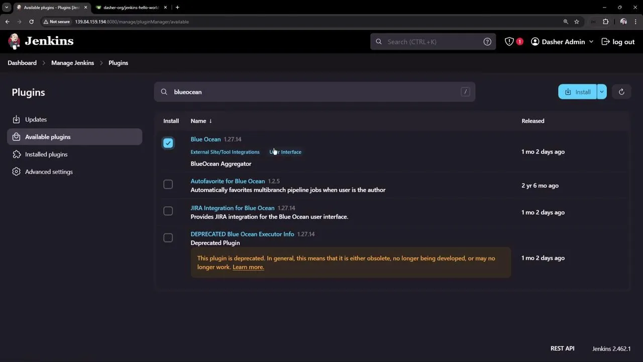 The image shows a Jenkins plugin management interface with a search for "blueocean," displaying a list of related plugins, including "Blue Ocean" and its integrations. One of the plugins is marked as deprecated.