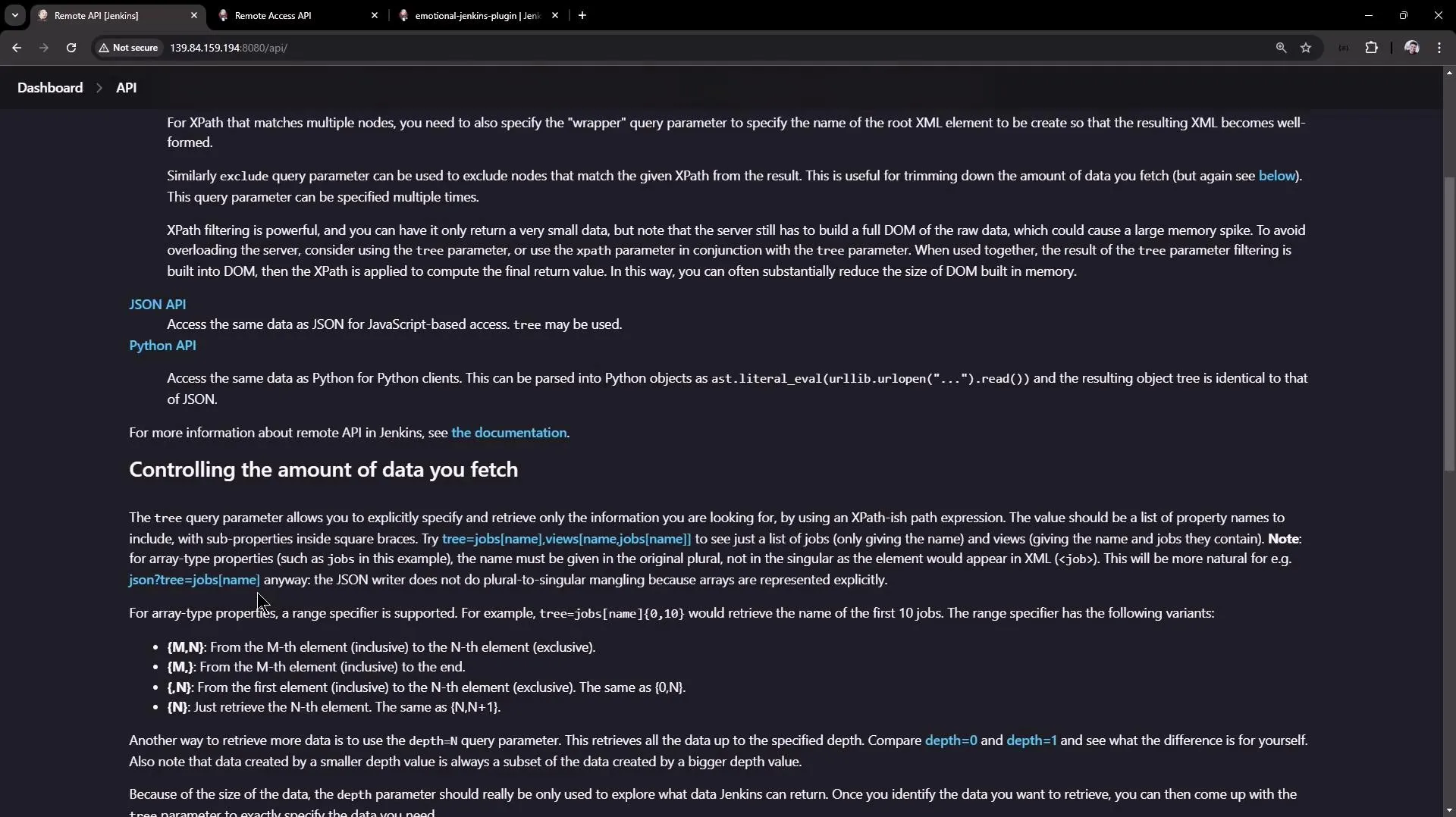 The image shows a webpage with documentation about the Jenkins Remote API, including sections on JSON and Python API access and controlling the amount of data fetched.