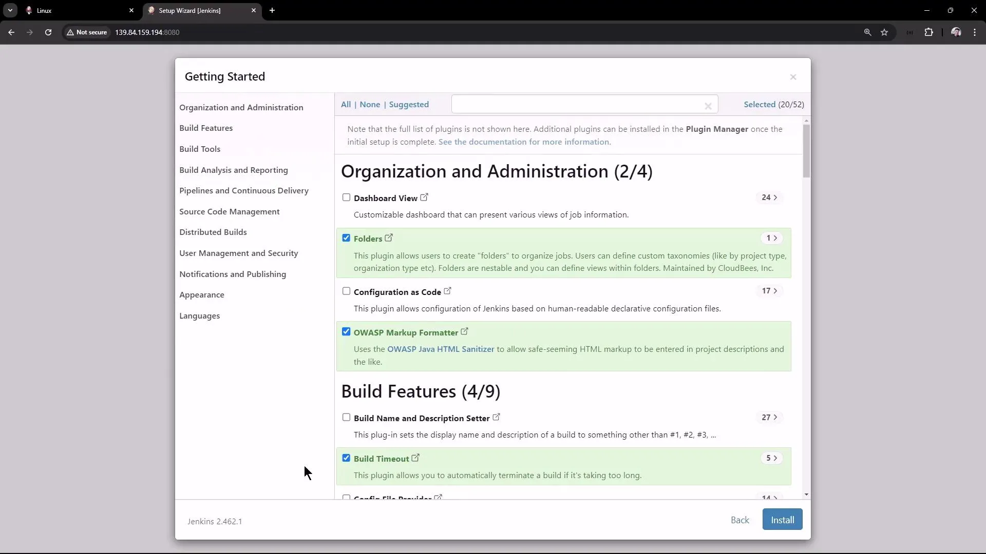 The image shows a Jenkins setup wizard interface with a list of plugins for "Organization and Administration" and "Build Features," some of which are selected for installation.
