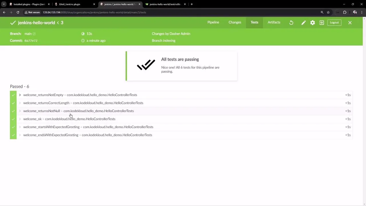 The image shows a Jenkins interface indicating that all tests have passed successfully, with a list of six test cases that were executed.