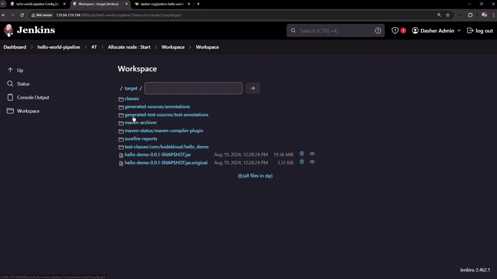 The image shows a Jenkins workspace interface displaying a list of directories and files related to a project build, including JAR files and generated sources.