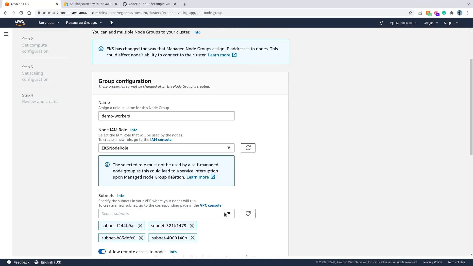 Node group — name, role, subnets