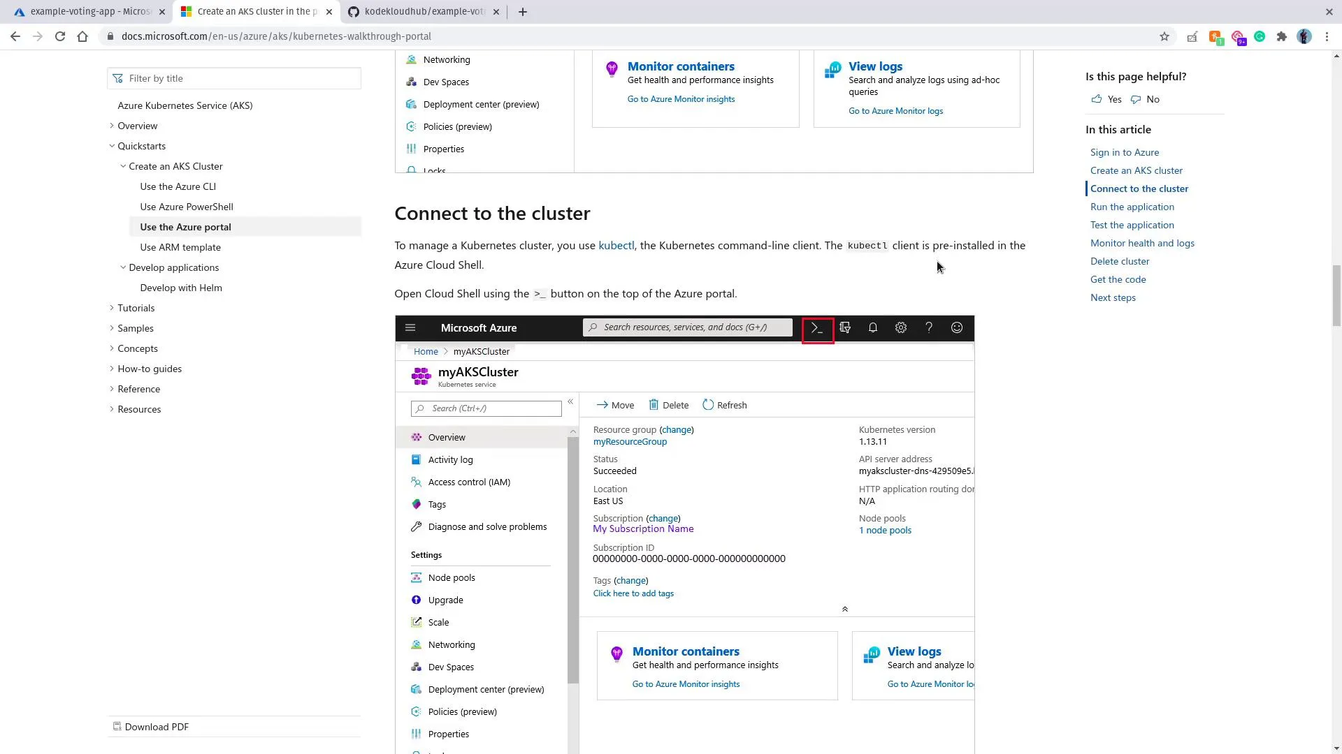 Azure docs — connect to cluster