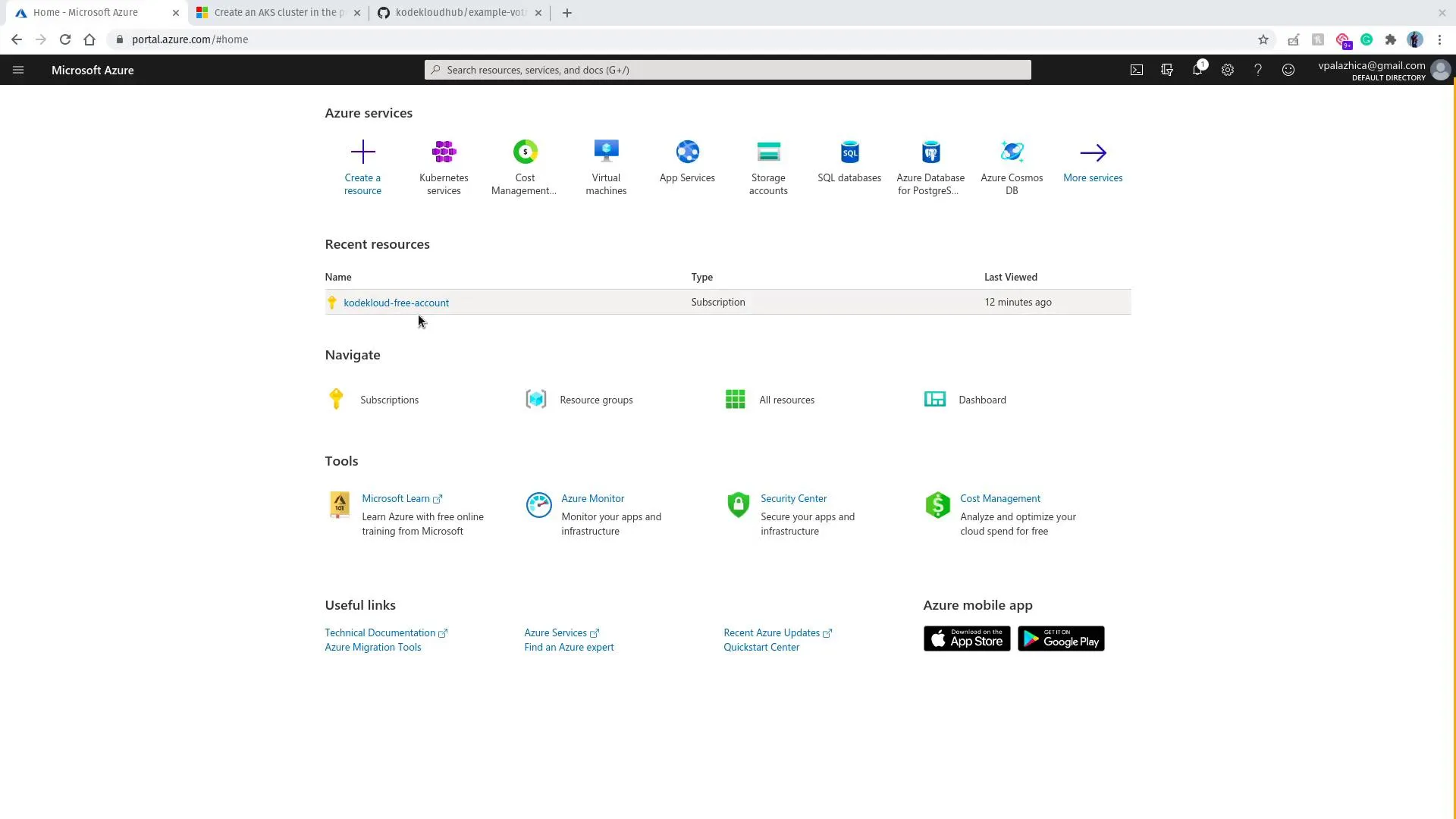 Azure portal home / services