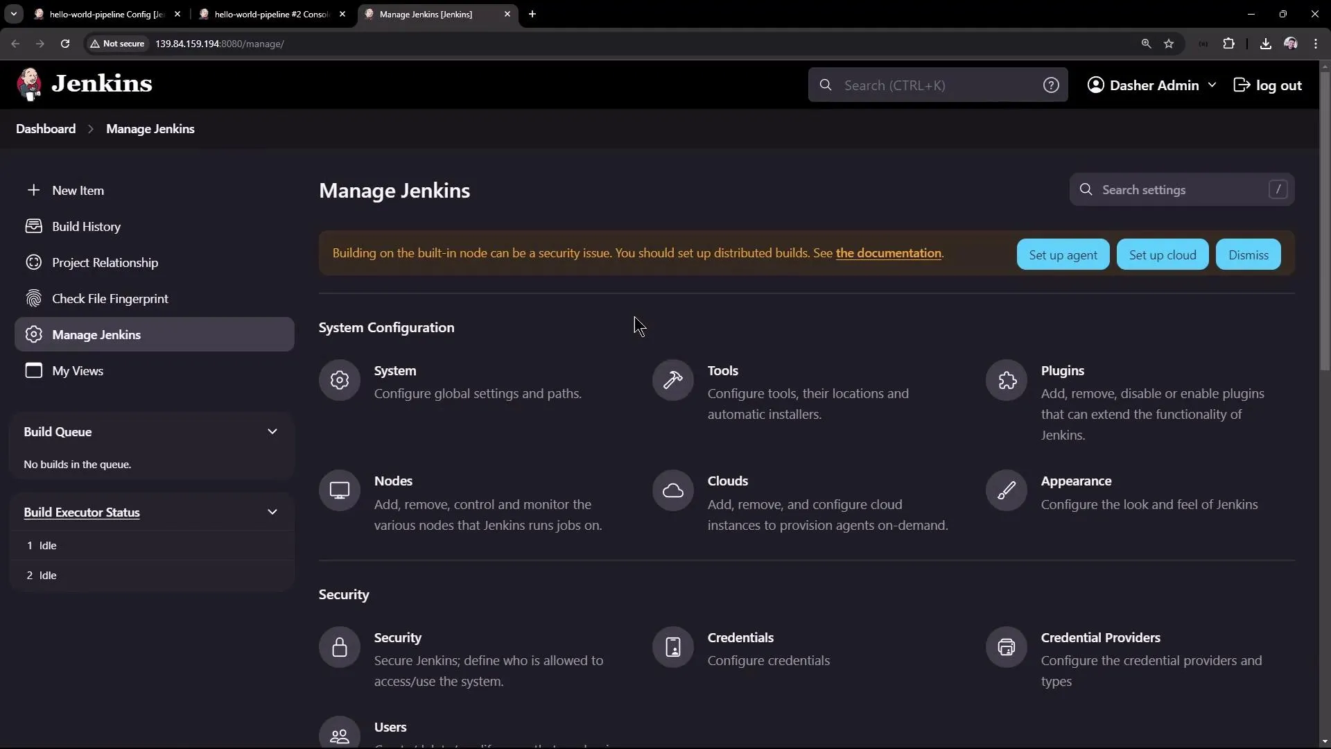 The image shows the "Manage Jenkins" dashboard, displaying various configuration options like System, Tools, Plugins, and Security settings. It includes a warning about security issues related to building on the built-in node.
