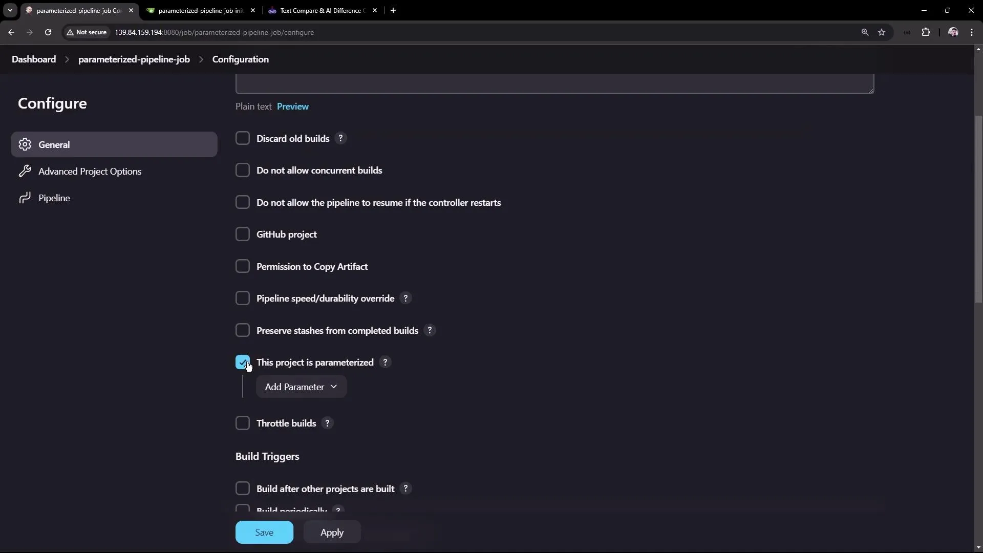 The image shows a configuration page for a parameterized pipeline job, with various options like discarding old builds, GitHub project integration, and build triggers.
