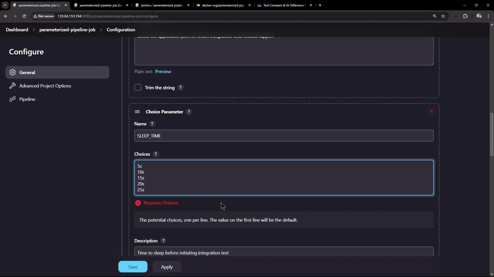 The image shows a configuration screen for a parameterized pipeline job, where a choice parameter named "SLEEP_TIME" is being set with options ranging from 5s to 25s.