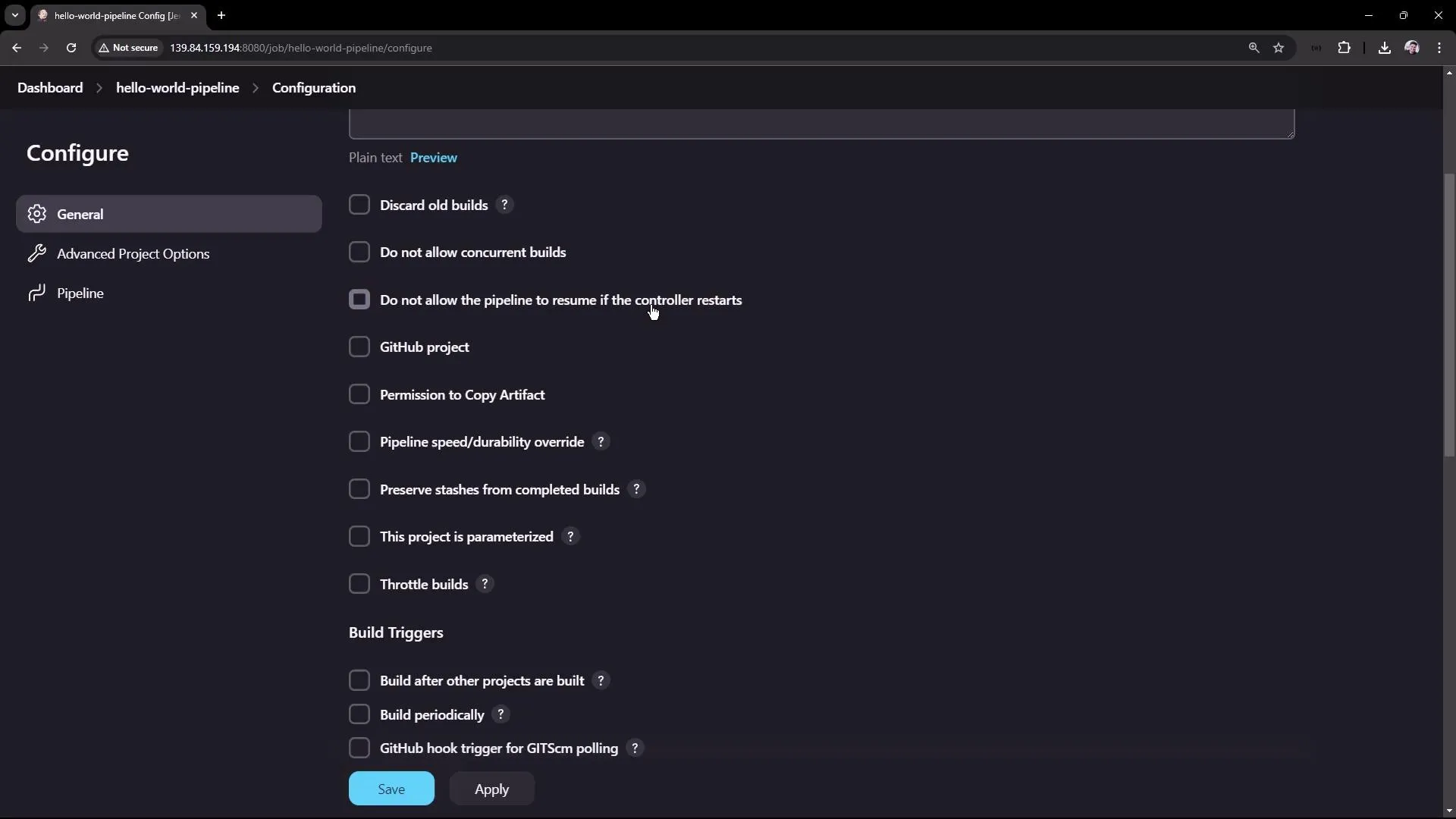 The image shows a configuration page for a pipeline project, likely in a CI/CD tool, with various options like discarding old builds, GitHub project integration, and build triggers.